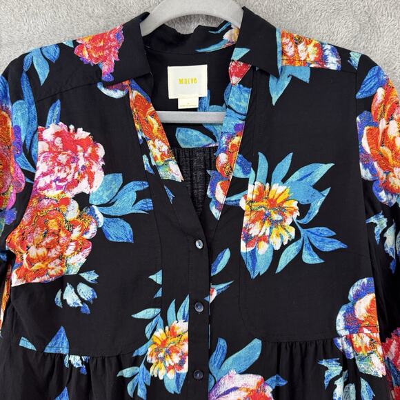 Maeve Top Women 4 Black Red Floral V-Neck Collared 3/4 Sleeves Button Up Casual - Picture 3 of 13